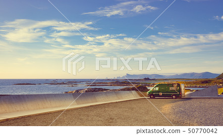 Sea coast and camper car, Andoya island Norway 50770042