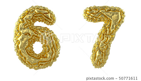 Number set 6, 7 made of crumpled foil. Collection symbols of crumpled gold foil isolated on white 50771611