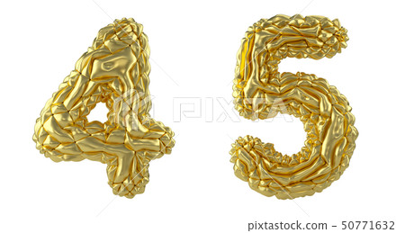 Number set 4, 5 made of crumpled foil. Collection symbols of crumpled gold foil isolated on white Number set 4, 5 made of crumpled foil. Collection symbols of crumpled gold foil isolated on white 50771632