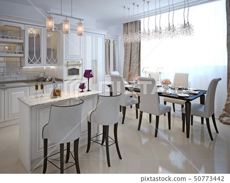 The kitchen-dining room in a classical style. 50773442
