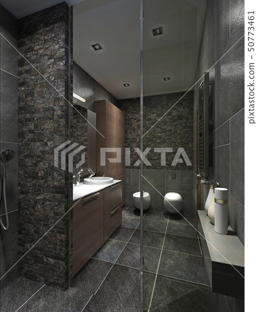 Modern bathroom in black tile. 50773461