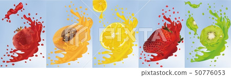 Fruit juice. Realistic fruits kiwi, apricot, pomegranate, lemon, strawberry. 3d vector illustration 50776053