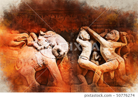 Watercolor painting of close up erotic stone carving in Lakshman Temple 50776274