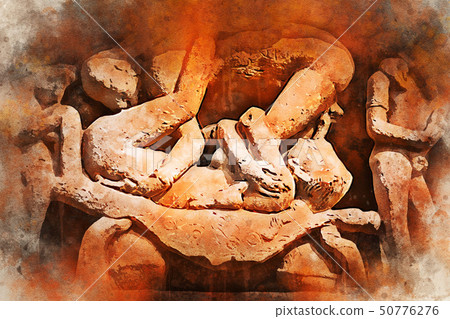 Watercolor painting of close up erotic stone carving in Lakshman Temple Watercolor painting of close up erotic stone carving in Lakshman Temple 50776276