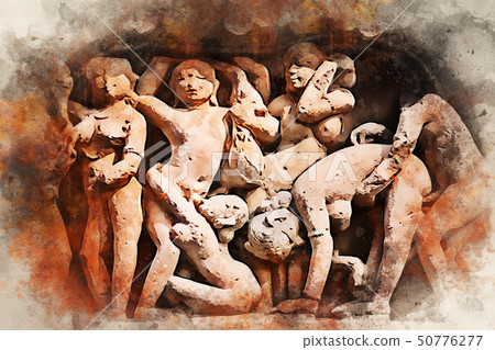 Watercolor painting of close up erotic stone carving in Lakshman Temple 50776277