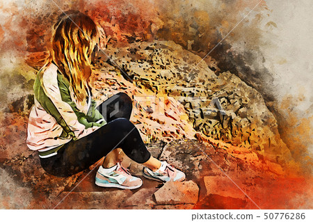Watercolor painting of woman meditating in Gharial Sanctuary, India. 50776286