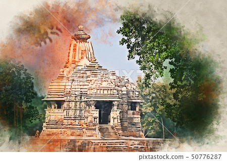 Watercolor painting of view of Kandariya Mahadev Temple in India 50776287