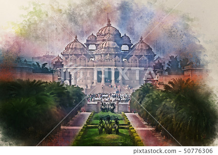 Watercolor painting of facade of a temple Akshardham in Delhi, India Watercolor painting of facade of a temple Akshardham in Delhi, India 50776306