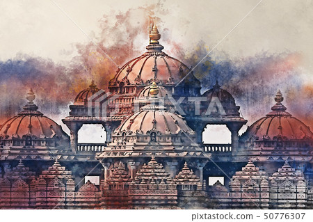 Watercolor painting of facade of a temple Akshardham in Delhi, India Watercolor painting of facade of a temple Akshardham in Delhi, India 50776307