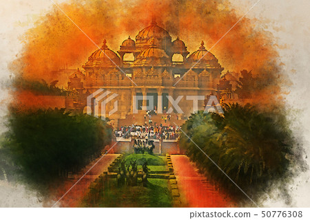 Watercolor painting of facade of a temple Akshardham in Delhi, India Watercolor painting of facade of a temple Akshardham in Delhi, India 50776308