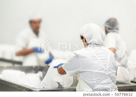 Unrecognizable workers in a food processing plant. Cheese dairy production process. 50776632