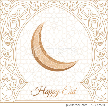 Happy Eid mubarak greeting design, happy holiday words with golden mosque and floral background 50777591