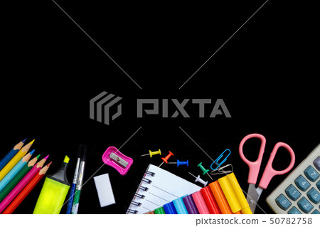 School supplies on blackboard with copy space School supplies on blackboard with copy space 50782758