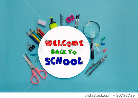 Stationary welcome back to school blue background 50782759