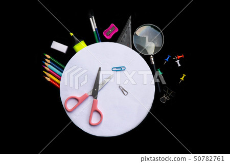 School supplies on blackboard background School supplies on blackboard background 50782761
