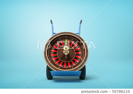 3d rendering of navy blue hand truck standing upright with casino roulette wheel on it on light-blue 3d rendering of navy blue hand truck standing upright with casino roulette wheel on it on light-blue 50786210
