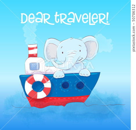 Poster cute little elefant floats on a boat. Cartoon style. Vector 50786312