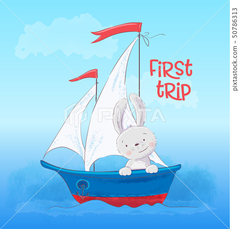 Poster cute little hare floats on a boat. Cartoon style. Vector 50786313