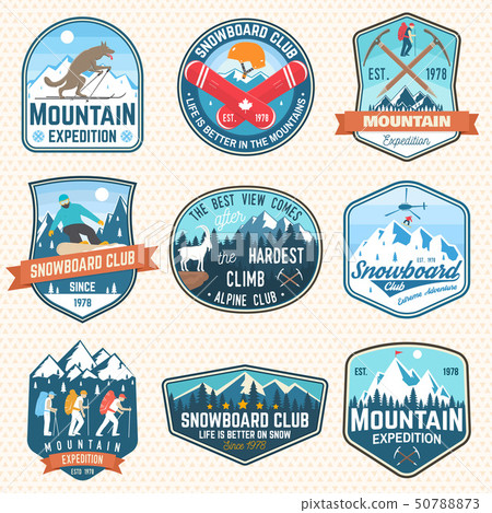 Set of mountain expedition and snowboard club patch. Vector. Concept for badge, print, stamp Set of mountain expedition and snowboard club patch. Vector. Concept for badge, print, stamp 50788873