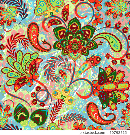 Paisley seamless pattern with flowers in indian style. Floral vector background 50792813