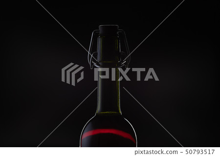 Rose wine. Red wine in bottle and metal opener on cork. Dark background 50793517