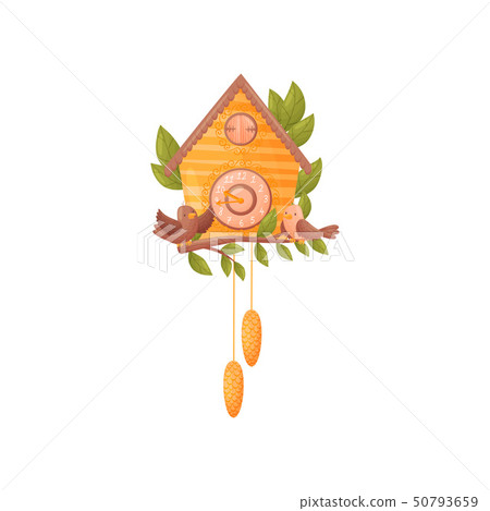 Wall clock in the shape of an orange house. Two birds are sitting on a branch in front of the house 50793659