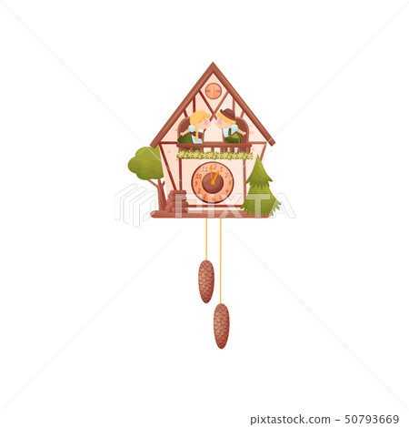 Wall clock in the shape of a house. Boy and girl on the balconies. Firewood in front of the house Wall clock in the shape of a house. Boy and girl on the balconies. Firewood in front of the house 50793669
