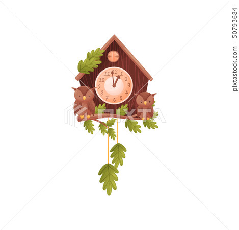 Wall clock in the shape of a house. Two owls are sitting on a branch in front of the house. Vector Wall clock in the shape of a house. Two owls are sitting on a branch in front of the house. Vector 50793684