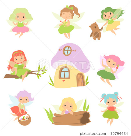 Cute Little Forest Fairies Set, Lovely Fairies Girls Cartoon Characters and Fairytale Fantasy House Cute Little Forest Fairies Set, Lovely Fairies Girls Cartoon Characters and Fairytale Fantasy House 50794484