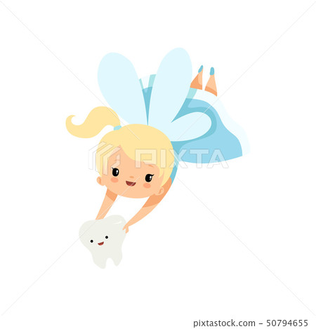 Little Tooth Fairy Flying with Baby Tooth, Cute Blonde Fairy Girl Cartoon Character in Light Blue 50794655
