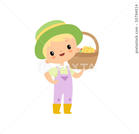 Cute Boy in Overalls, Rubber Boots and Hat with Basket of Fresh Vegetables, Young Farmer Cartoon 50794814