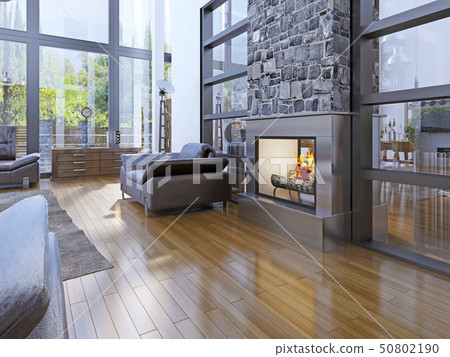 Idea of avant-garde living room with fireplace 50802190