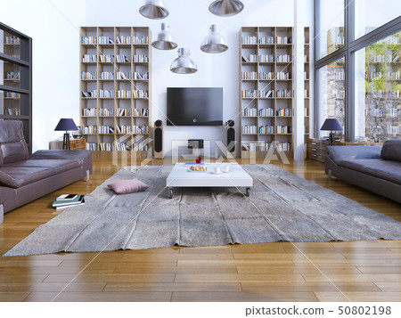 Design of spacious living room with panoramic 50802198