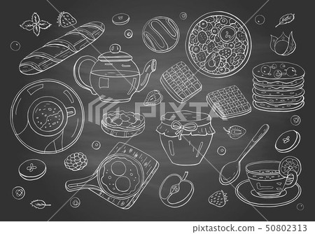 Set of morning breakfast elements on chalkboard. Set of morning breakfast elements on chalkboard. 50802313