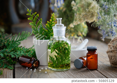 Bottles of homeopathic globules, Thuja infusion. Bottles of homeopathic globules, Thuja infusion. 50805129