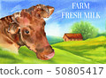 Cow. Poster farm animals watercolor. 50805417