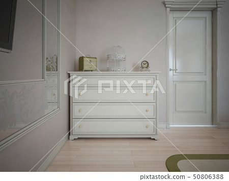 White dresser in bedroom with cream walls 50806388