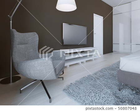 Soft grey armchair in minimalist bedroom Soft grey armchair in minimalist bedroom 50807048