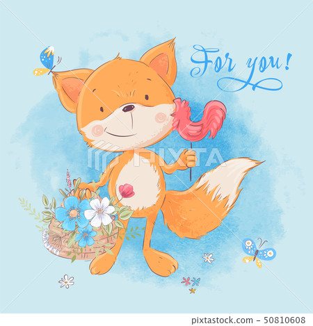Postcard cute little fox and flowers. Cartoon style. Vector 50810608