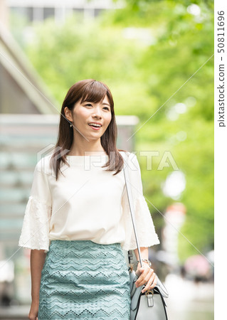 Young Japanese Woman Shopping Street Tree Urban 50811696