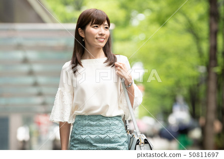 Young Japanese Woman Shopping Street Tree Urban 50811697