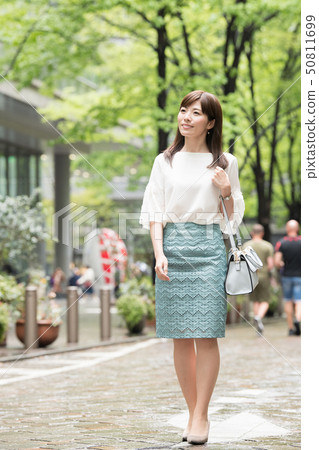 Young Japanese Woman Shopping Street Tree Urban 50811699