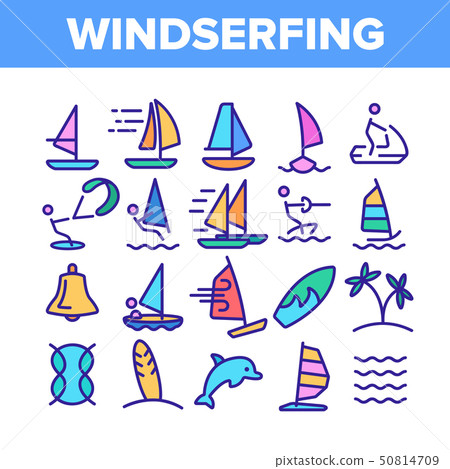 Water Skiing, Windsurfing Linear Vector Icons Set 50814709