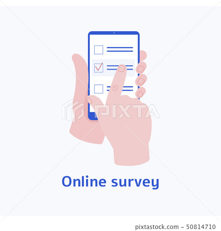 Hand on a screen as a online survey and review concept vector isolated on white. 50814710