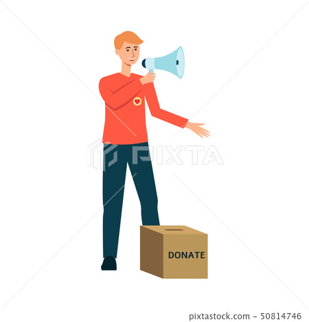 Volunteer man with donation box and megaphone vector illustration isolated on white. 50814746