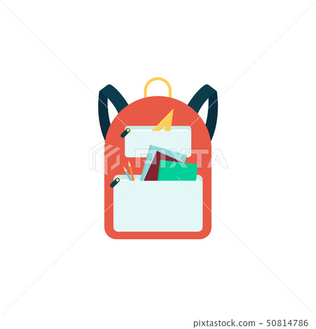 Orange backpack with school supplies, cartoon student bag with open front pockets 50814786