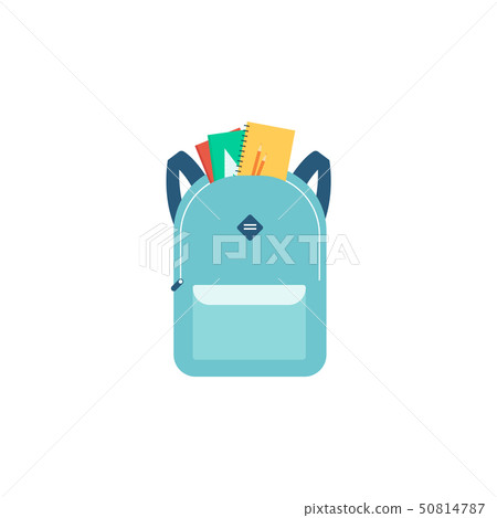 School backpack with notebooks and front pocket, blue cartoon bag with education supplies School backpack with notebooks and front pocket, blue cartoon bag with education supplies 50814787