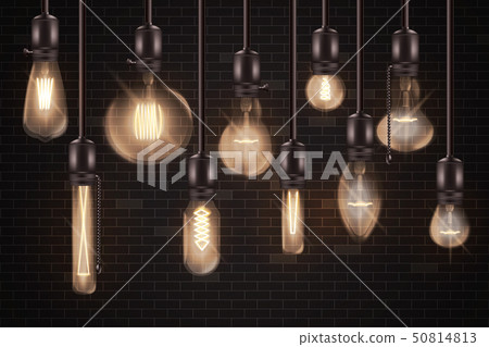 Set of 3d different shaped glowing light bulbs hanging on wires realistic style 50814813