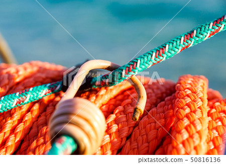 hanging orange life belt with long rope at the beach, security and safety concept 50816136