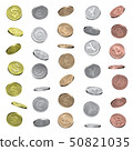Coins of dollar, euro, pound, yen and bitcoin 50821035